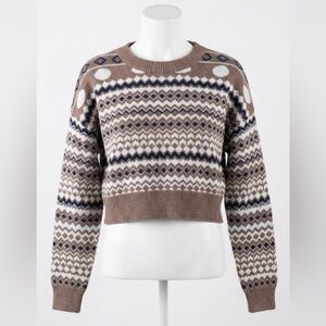 Knit Mix Cabincore Fair Isle Cropped Sweater Brown Geometric Knit Women’s Small